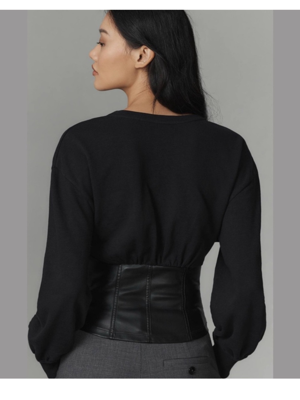 Pilcro Anthropologie Faux Leather Corset Black Cotton Sweatshirt Top Medium - Picture 3 of 12